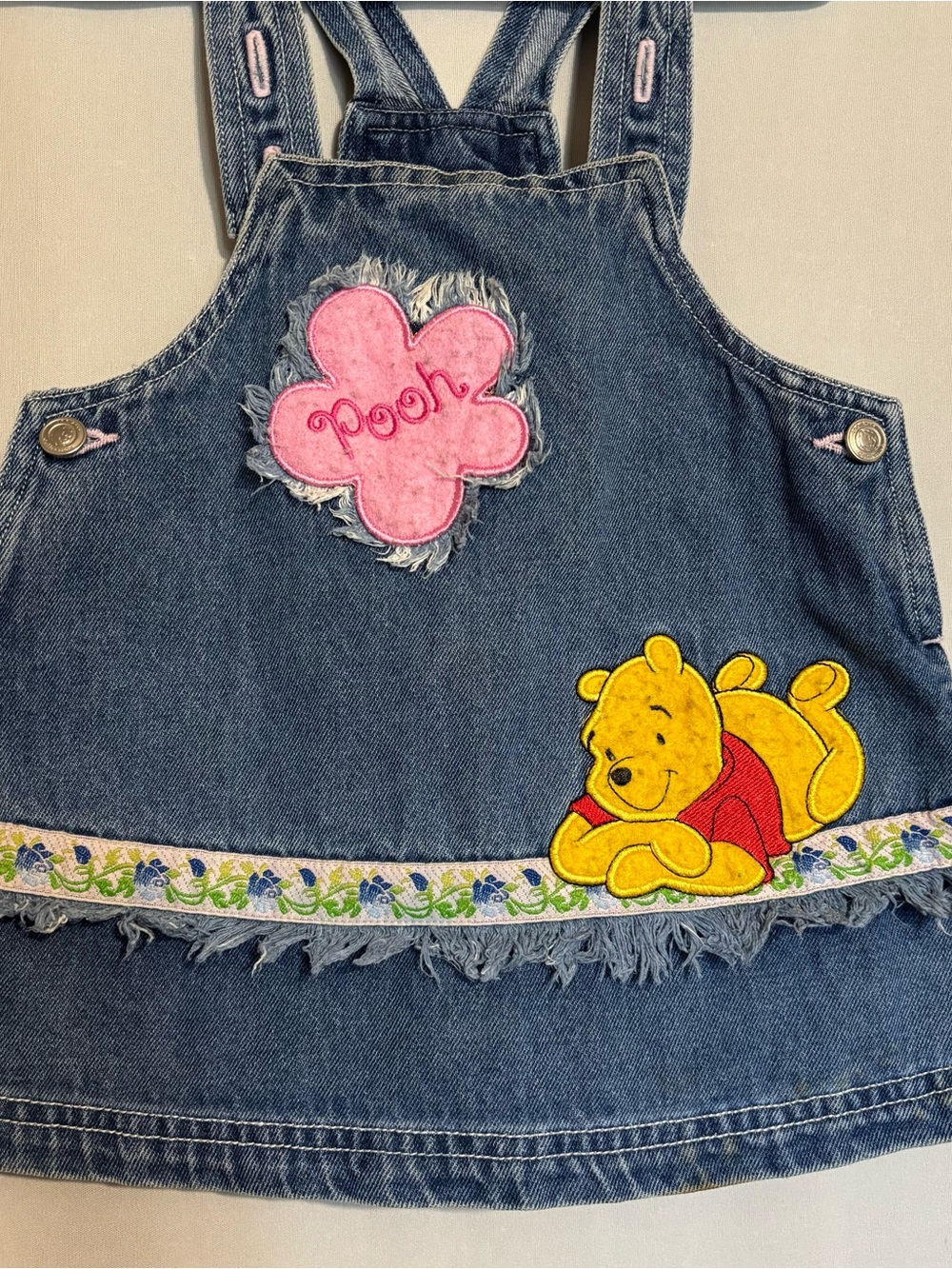 Vtg. Y2K Winnie the Pooh 12M Denim Overall Dress - Pink & Yellow Appliqué - Picture 2 of 9
